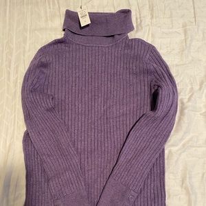 Button Cuff Ribbed Turtleneck Sweater